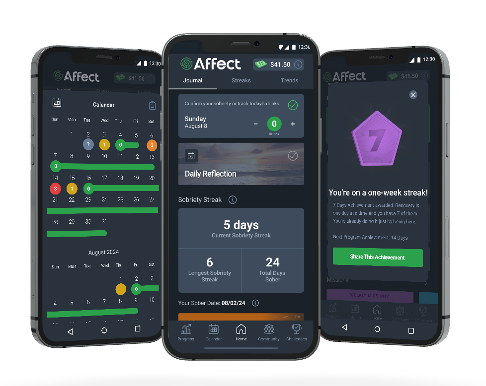 Affect's sober app has a sober tracker and sober counter and a recovery program so you can drink less 