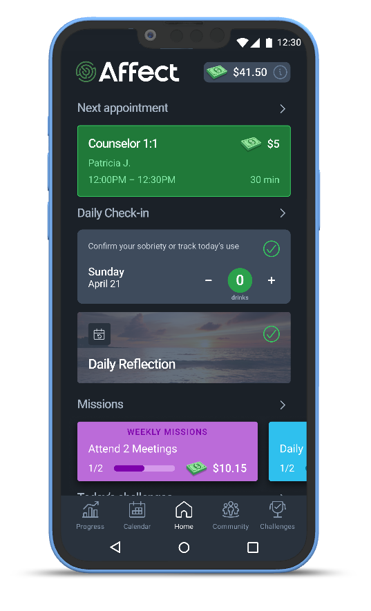 Affect's sober tracker app contains a full telehealth outpatient addiction treatment program