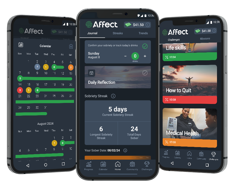 Affect's sober app has a sobriety tracker and tools to help you stop drinking